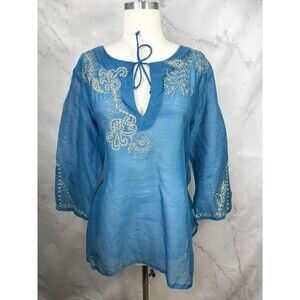 Vtg Boho Tunic Blouse Top Blue Sheer Cotton Silk Metallic Embroidery L Whimsical